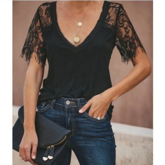 Black Lace Short Sleeve V-Neck Tee - Picture 4 of 8